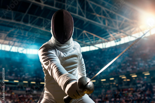 Portrait of a male fencer wearing a mask and a white fencing suit and holding a sword in front of his in a stadium filled with spectators