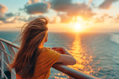 Happy woman relaxing on deck feeling free watching sunset from ship on cruise travel vacation