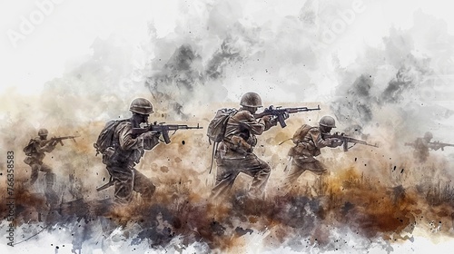 watercolor painting of soldiers conducting war training © godog