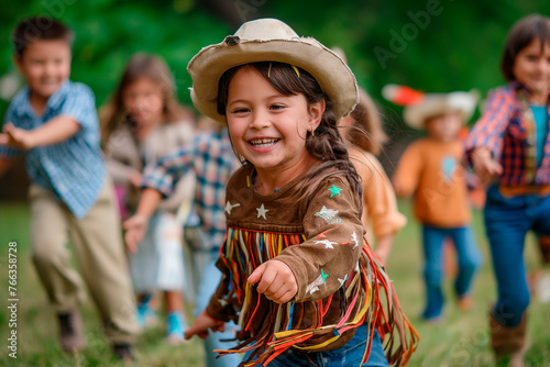 a group of children playing cowboys and indians in the park