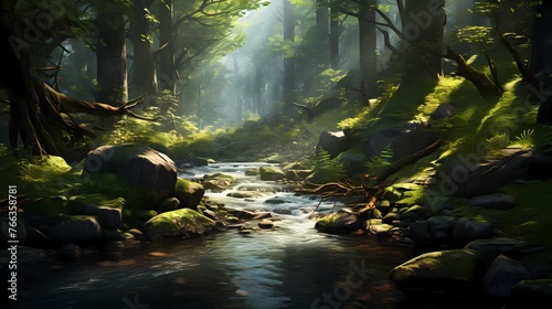 A serene forest clearing with a crystal-clear stream flowing through it, surrounded by lush greenery.