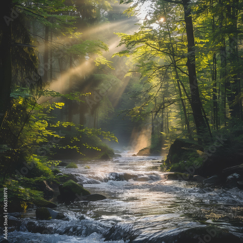 A river winds through the forest, sunlight breaking through. A day in nature's embrace