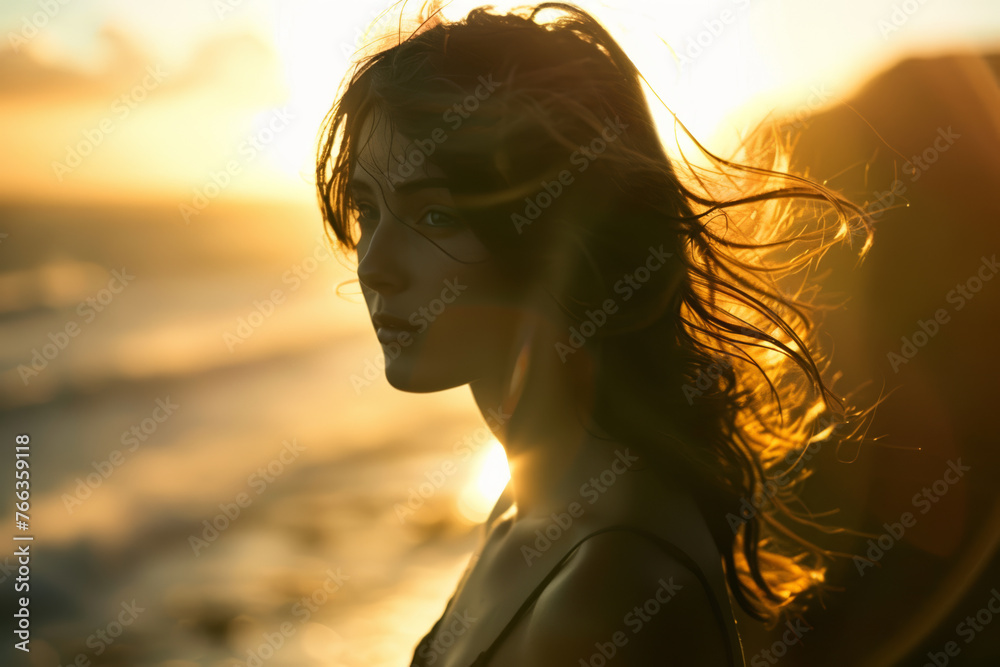 A woman in sunset light, hair flowing, thoughtful and serene.