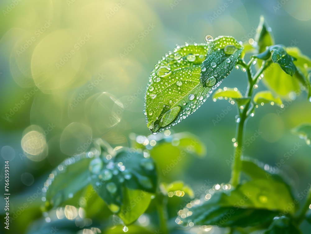 Close-up of dew-kissed leaves in nature, with a soft-focus background, highlighting nature's details Close-up of dew-kissed leaves in nature, with a soft-focus background, highlighting nature's details