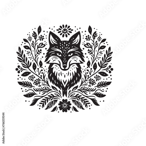 Flower ornament with fox vector silhouette illustration