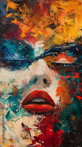 Intense colors and dynamic strokes capture an emotive abstract expressionist face.