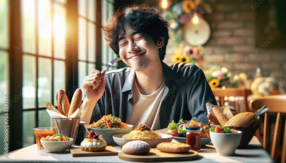 young man savoring the food. the concept of enjoying food