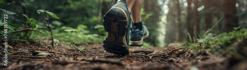 Runner's foot on a forest path, close-up showing detailed texture of the trail and shoe, adventure running