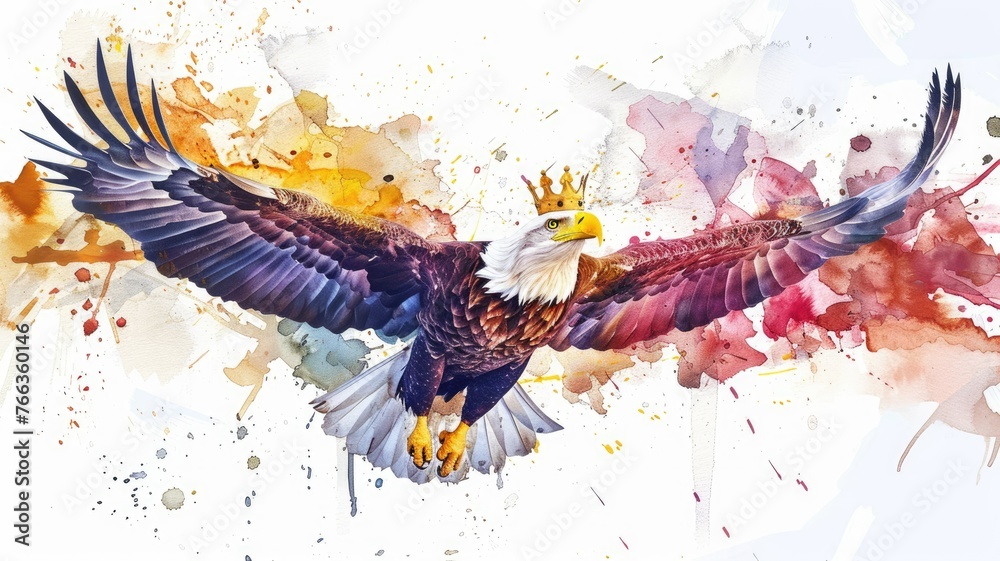 Eagle in flight with a watercolor splash effect - An eagle soaring with outstretched wings, blending into an artistic explosion of watercolor splashes