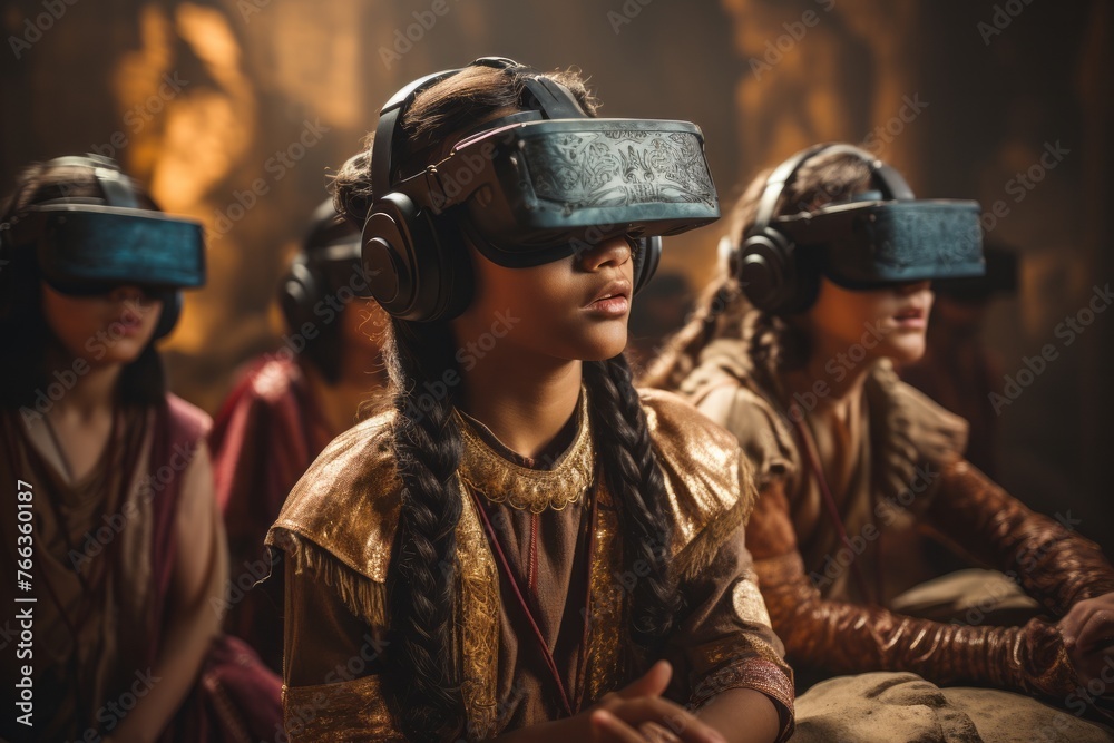 A group of students wearing virtual reality headsets, engaged in a simulation to enhance their learning experience A group of students wearing virtual reality headsets, engaged in a simulation to enhance their learning experience