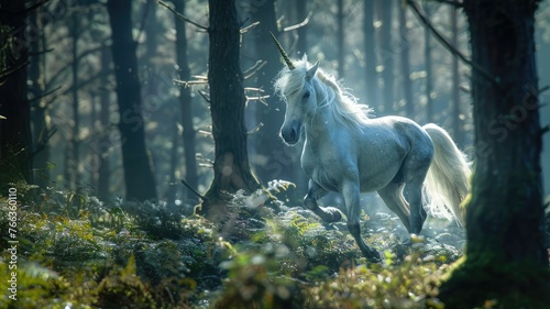 Galloping unicorn in a serene forest scene - An elegant white unicorn gallops through a peaceful forest  with soft light filtering through the trees