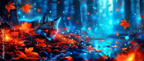  A Fox in Autumn Forest with Stream