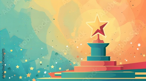 illustration of an abstract trophy with star and geometric shapes, set against a vibrant background with scattered stars, 