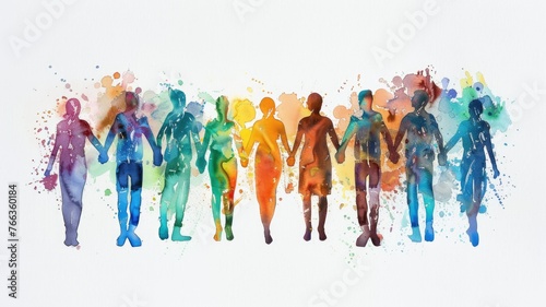 Colorful silhouette of human figures in a row - A vibrant display of human figures in various hues symbolizing diversity and unity in an abstract watercolor style