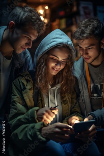 A group of teenagers huddled together, attentively looking at the screen of a cell phone. They seem engaged and focused on whatever is displayed on the device