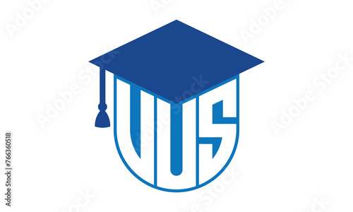 VUS initial letter academic logo design vector template. school college logo, university logo, graduation cap logo, institute logo, educational logo, library logo, teaching logo, book shop, varsity