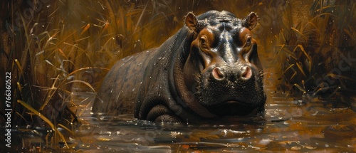  A hippopotamus standing in a body of water, with its head above the water's surface © Wall