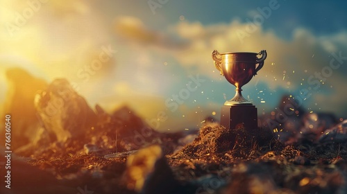 golden trophy placed on top of rugged terrain, concept of  victory and achievement in competition or life, determination, winning spirit, hard work, copy space for text photo