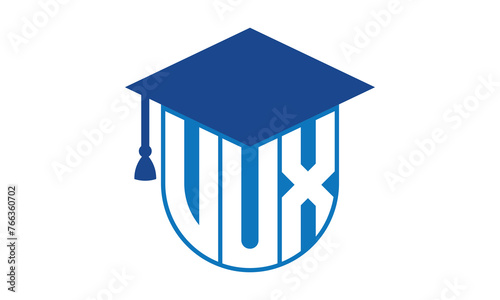 VUX initial letter academic logo design vector template. school college logo, university logo, graduation cap logo, institute logo, educational logo, library logo, teaching logo, book shop, varsity