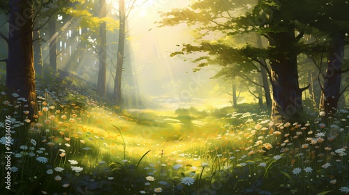 A secret forest clearing bathed in golden sunlight, with tall grass and wildflowers swaying in the gentle breeze. © Nature