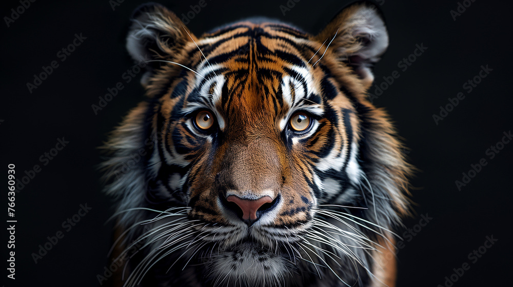 Portrait of a tiger on dark background. 