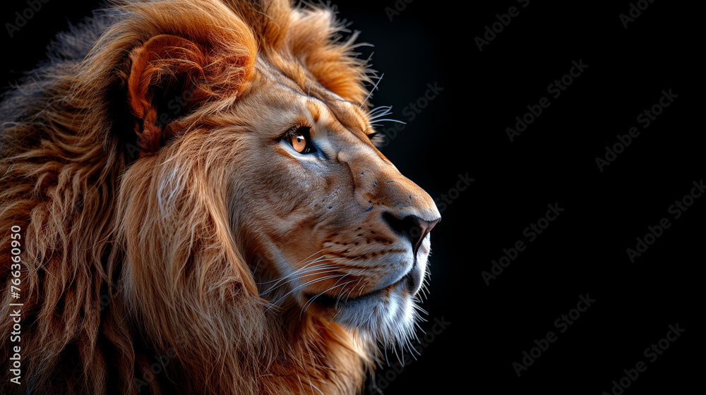 Naklejka premium Portrait of a lion on dark background. 