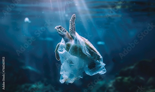Turtle in the sea with plastic bag trash stuck in its body. Plastic pollution problem. World oceans day concept. Environmental concept