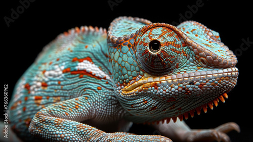 Portrait of a chameleon on dark background. 