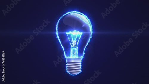 A light bulb appears with a charge. The concept of a business idea. Pure blue energy and bright glow. 4К