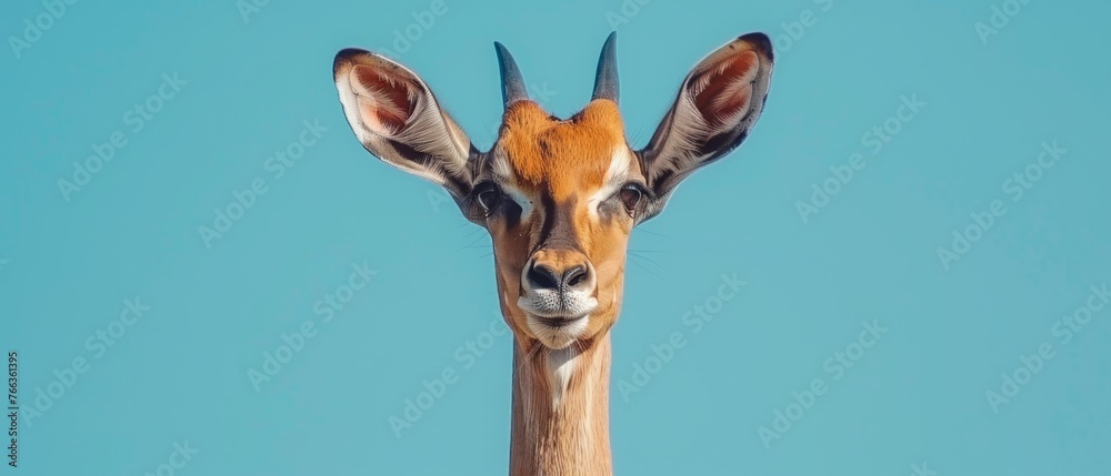  A close-up image of a giraffe's head against a blue background
