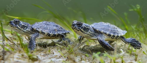  Small turtles sitting together on green grass near dirt patch