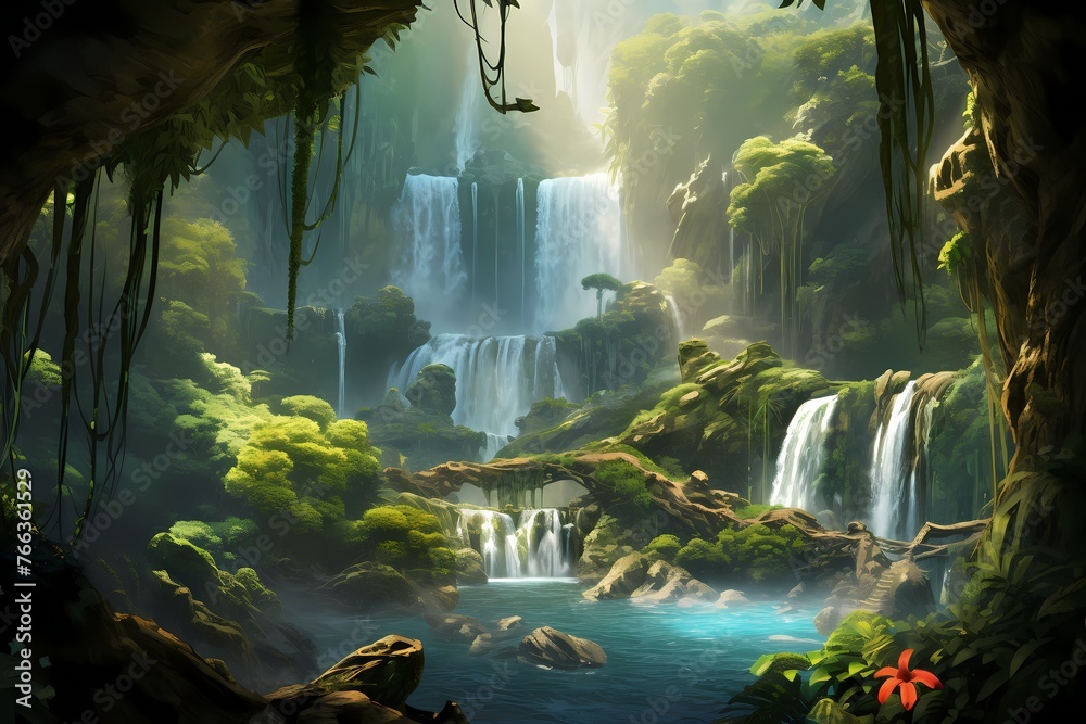 A picturesque waterfall flowing through a hidden mountain valley, surrounded by a sea of lush greenery - obrazy, fototapety, plakaty 