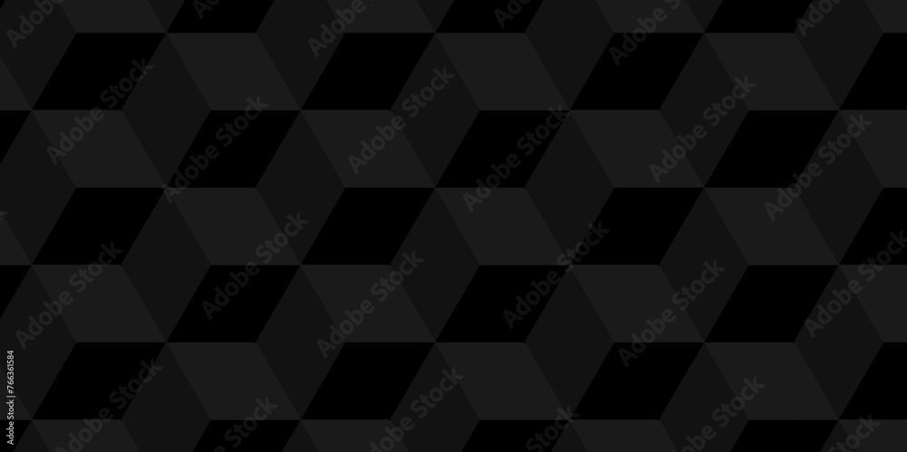 Abstract cubes geometric tile and mosaic wall or grid backdrop hexagon technology wallpaper background. Black and gray geometric block cube structure backdrop grid triangle texture vintage design. - obrazy, fototapety, plakaty 