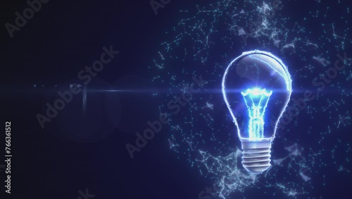 Abstract blue business idea creative technology concept idea. Light bulb, blue energy, explosion with particles and lines. Technology background. Place for text