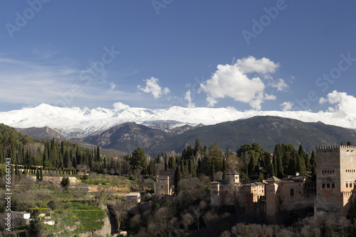 Alhambra and Sierra Nevada Mountains in background, Granada, Spain