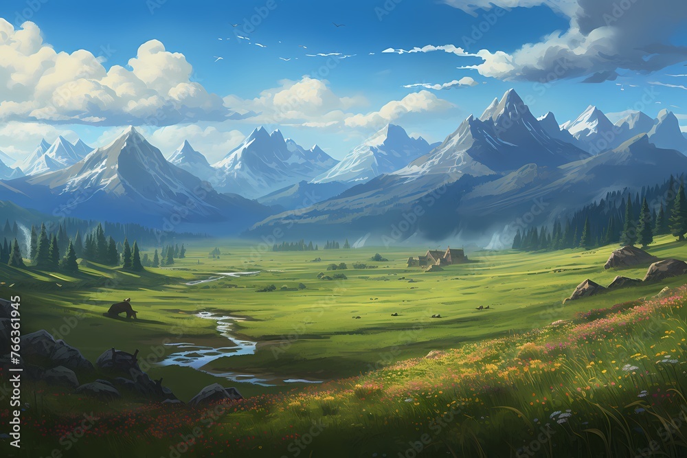 A peaceful landscape showcasing the harmonious blend of expansive meadows and distant mountain peaks.