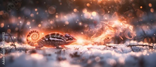  A chameleon perched atop snowy terrain with a blazing fire in the foreground