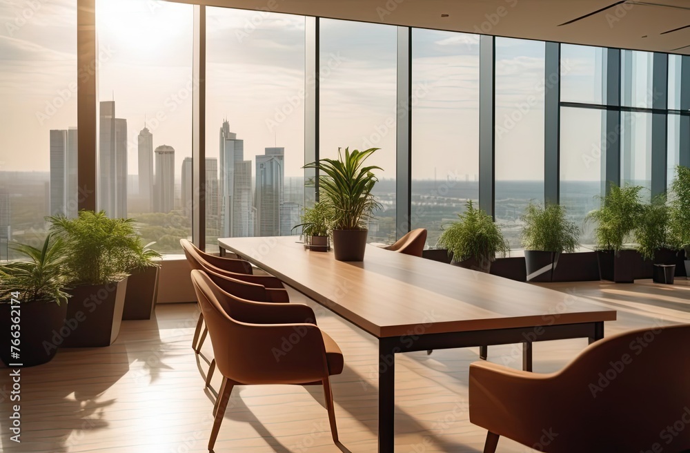 Obraz premium a working home office with a laptop on the table and a panoramic window overlooking the city