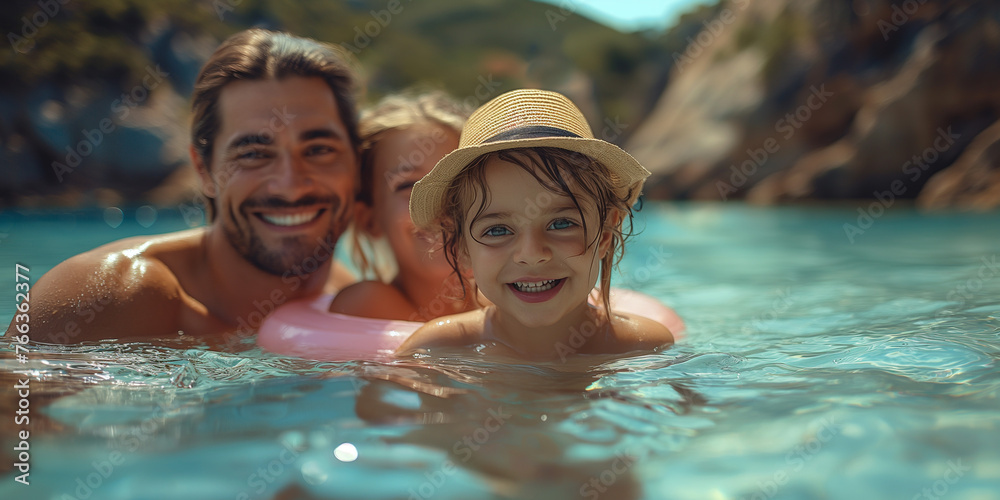 happy family with little daughter in swimming pool at summer vacation, focus on girl
