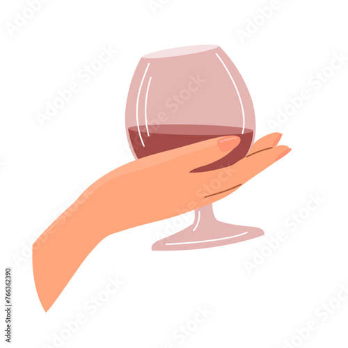 Glass of cognac in hand. A woman drinks an alcoholic drink. Vector illustration isolated on white background