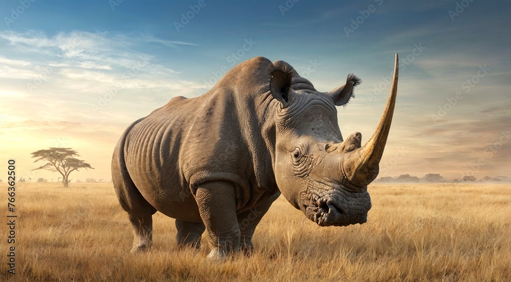 Fototapeta premium A white rhino/rhinoceros is grazing in an open field