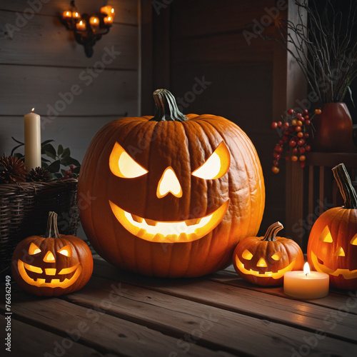 Pumpkin Jack O'Lantern surrounded by halloween decor colorful background