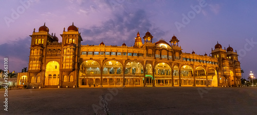 Spectacular Light illumination of Royal Mysore Palace is illuminated with 97000 electric bulbs on Sundays, national holidays & during ten days of Dasara Celebrations. Mysore, Karnataka, India.