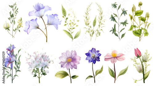 Set of watercolor wildflowers painting isolated on clear png background and transparent background. Fresh and nature concept for nature decorative and flower element, AI generative.	 #766363129