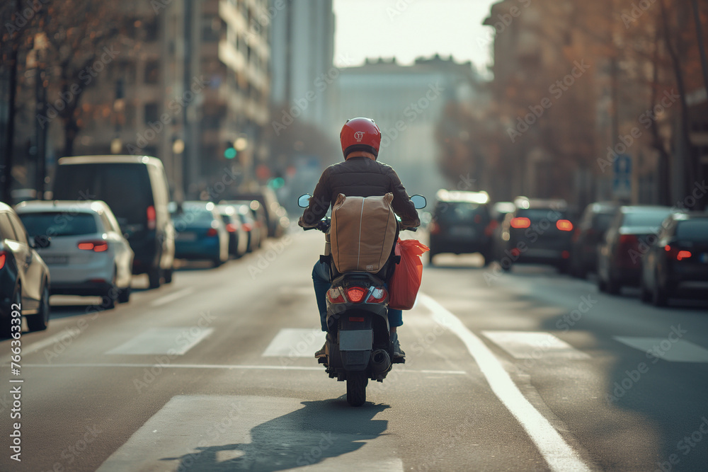 A scene where a food delivery rider makes a delivery on a scooter on the road
