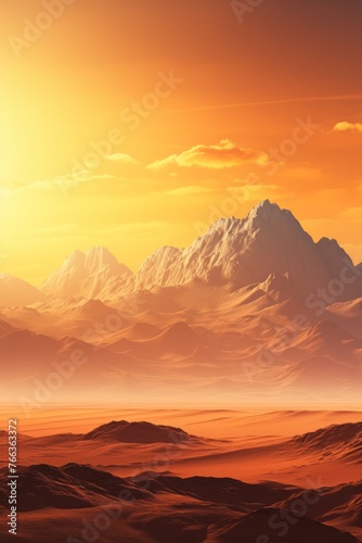 A computer-generated depiction of a desert scene, showcasing towering mountains in the background. The landscape is devoid of vegetation, with vast stretches of sand under a clear sky