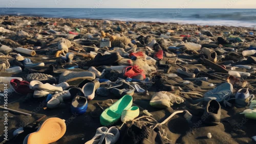 A beach covered in trash including many shoes. Scene is one of sadness and disappointment at the state of the environment A beach covered in trash including many shoes. Scene is one of sadness and disappointment at the state of the environment