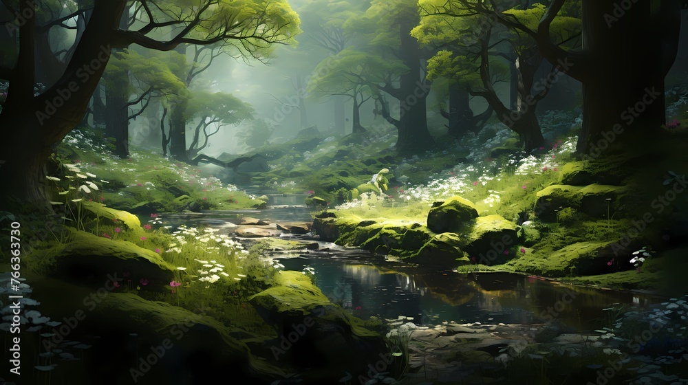 A peaceful forest glen with a carpet of soft moss and wildflowers, creating a serene and picturesque scene.