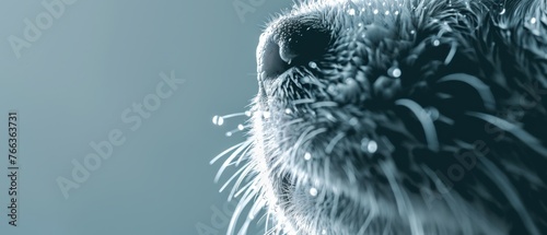  A sharp photo of a dog's face, droplets glistening on its wet fur and nostrils