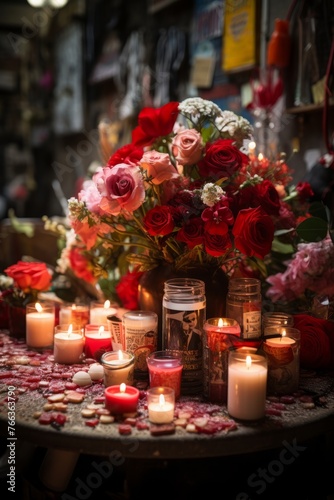 A table covered in numerous candles and colorful flowers  creating a vibrant and decorative display for a special occasion or event. The candles are lit  adding a warm glow to the setting